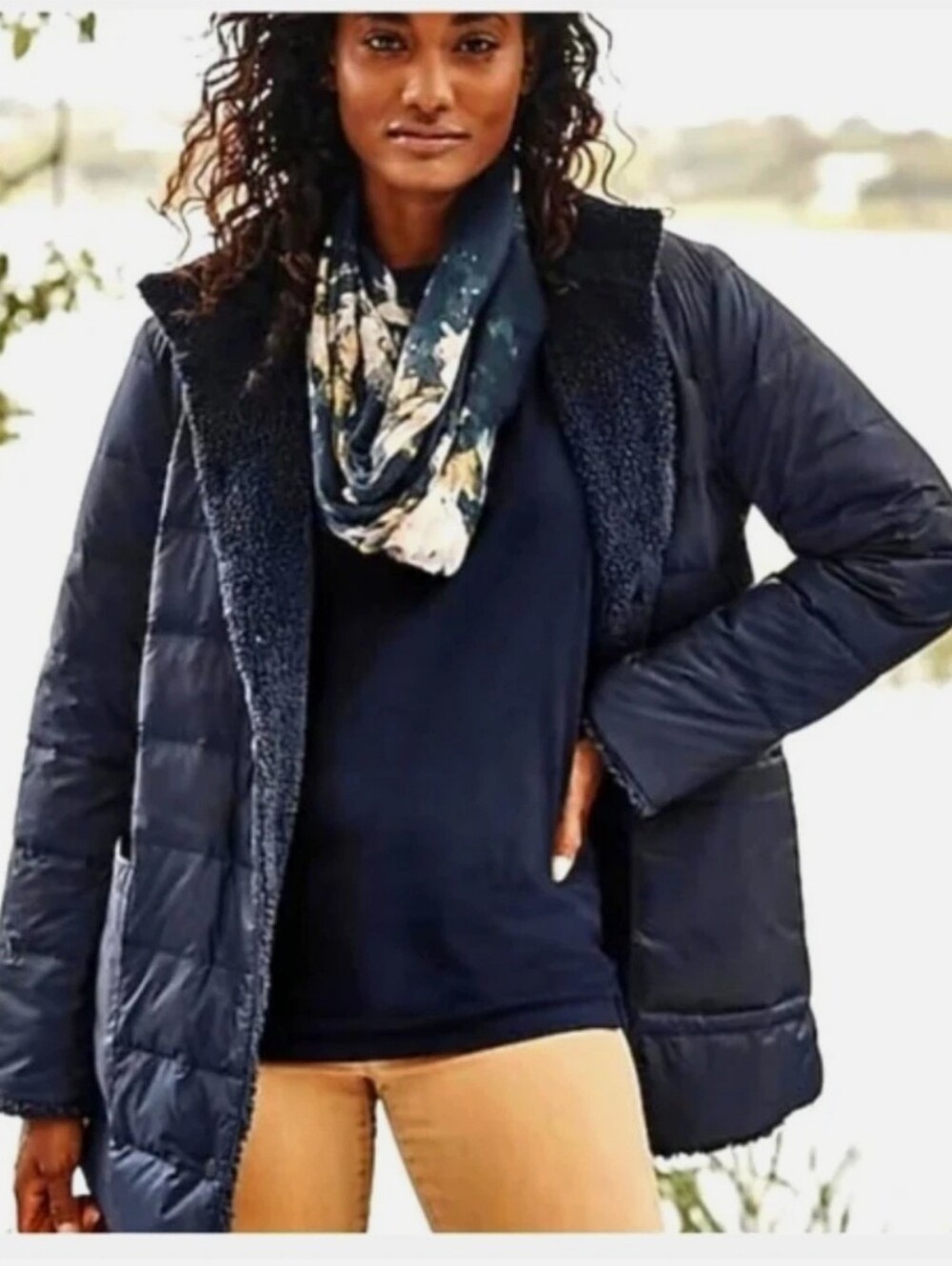 J. Jill Reversible Down Puffer Jacket Coat Navy - XL PETITE ( Like NEW)